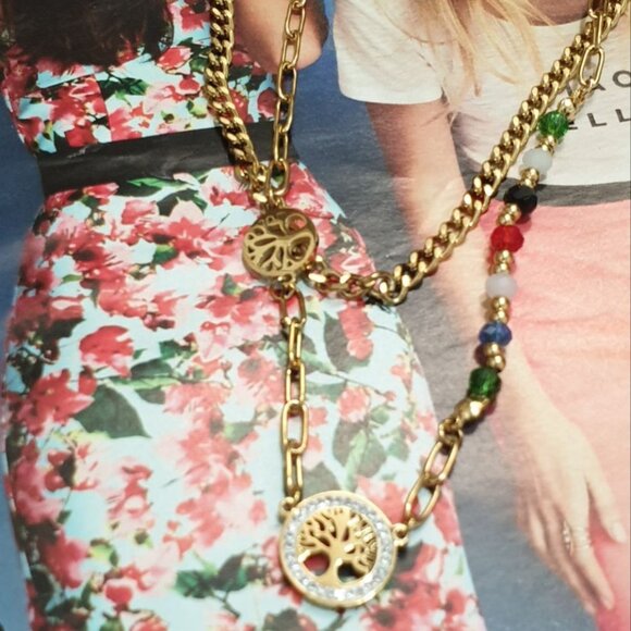 Tree of Life Necklace 2 Layers Chains Multi Color Beaded Pendant Fashion Jewelry - Picture 4 of 5